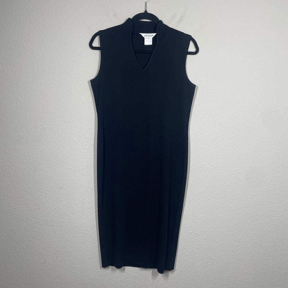 Exclusively Misook Small Mandarin Collar Sheath Dress Black V Neck Sleeveless
